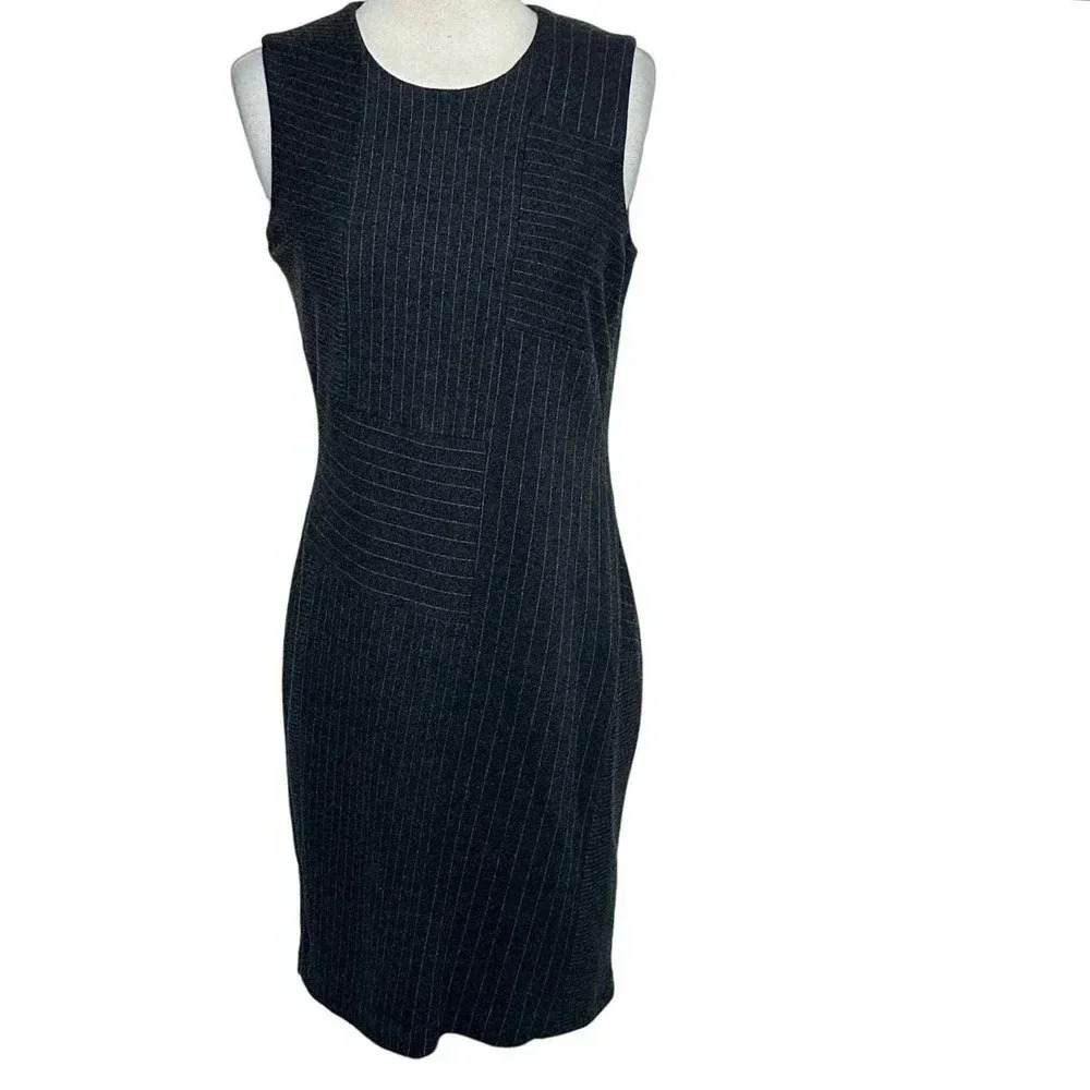 Calvin Klein 4‎ charcoal gray pinstriped sleeveless sheath Career dress